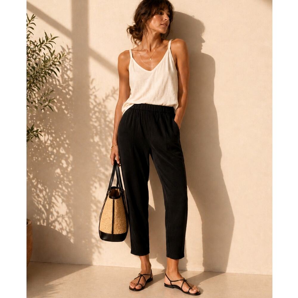 Nili Lotan Black Elastic-Waist Straight-Leg Pants